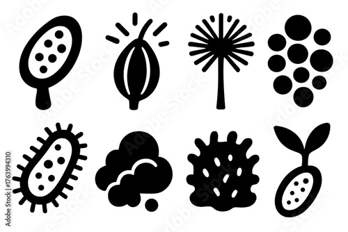 Spore silhouette set: fungal spore, seed pod burst, dandelion fluff, cluster of circles, bacterial cell, mist cloud, moss patch, sprouting spore.