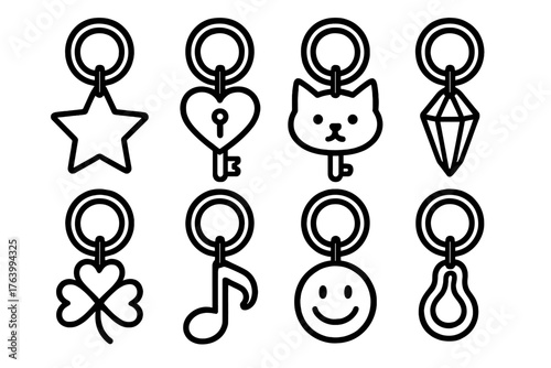 Creative keyring outline icon set: star charm, heart key, animal-shaped key, gemstone fob, lucky clover, musical note charm, smiley face, abstract pendant.