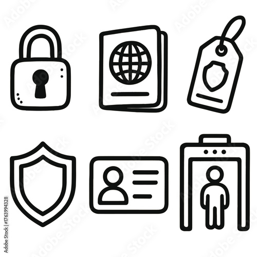Secure Travel set of icons in doodle hand-drawn vector style: lock symbol, passport icon, luggage tag, security checkpoint, shield badge, ID card.