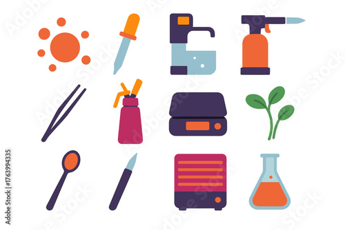 Modern Gastronomy flat icons: molecular sphere, pipette, sous vide machine, blowtorch, plating tweezers, foam siphon, digital scale, microgreens, tasting spoon, precision knife,