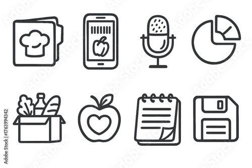 Home Chef Dashboard set of icons in doodle hand-drawn vector style: recipe folder, ingredient scanner, voice assistant mic, progress tracker, grocery delivery box, calorie tracker,