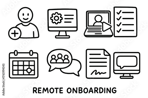 Remote Onboarding set of icons in doodle hand-drawn vector style: new employee icon, digital workspace, video tutorial, checklist progress, calendar meeting, team chat, signed form