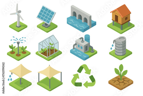Environmental adaptation set icons in modern isometric flat vector style: wind turbine, solar panel, flood barrier, elevated house, irrigation system, greenhouse, desalination