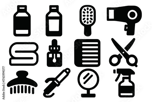 Hair Care Routine silhouette set: shampoo, conditioner, hairbrush, blow dryer, towel, serum bottle, comb, scissors, hair clip, curling iron, mirror, spray bottle.
