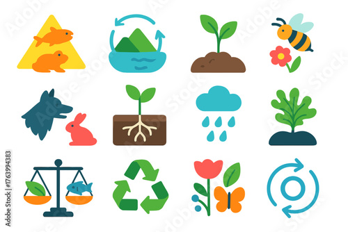 Ecosystem Elements flat icons: food chain diagram, water cycle, plant growth, pollination bee, predator-prey icon, roots in soil, rainfall icon, ecosystem balance scale, recycling
