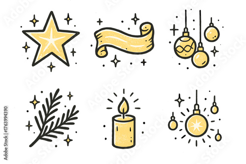 Festive Tree Glow set of icons in doodle hand-drawn vector style: twinkling star, glowing ribbon, sparkling baubles, illuminated branches, gentle candlelight, radiant ornaments.