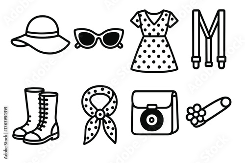 Vintage Fashion outline icon set: floppy hat, retro sunglasses, patterned dress, leather boots, suspenders, polka-dot scarf, record bag, brooch pin.