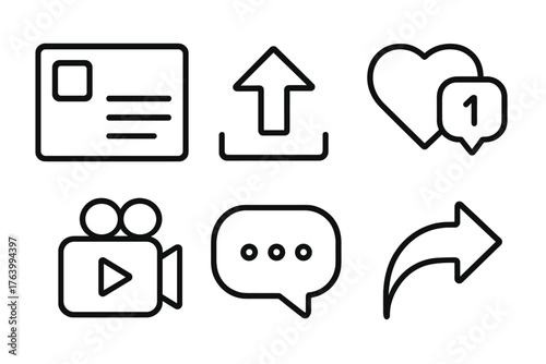 Online Post Elements outline icon set: post card, upload arrow, like counter, video reel, comment thread, share bubble.