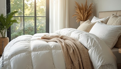 Fluffy white down comforter on bed with beige throw blanket, pillows. Soft, cosy bedding creates tranquil, dreamy atmosphere for ultimate relaxation, sleep. Minimalist, elegant home decor with