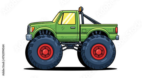 Powerful green monster truck with massive tires ready to conquer any terrain for adventure or extreme sports themes