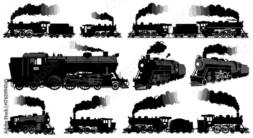 Collection of classic steam locomotives billowing smoke, vintage transport silhouettes for nostalgic projects and historical designs