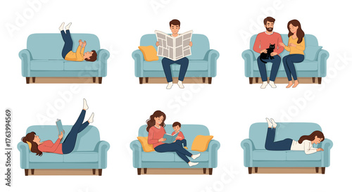 Diverse families and individuals enjoying cozy relaxation and quality time on comfortable sofas, reading and bonding in a warm home environment.