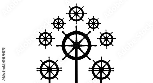 Navigational leadership, a central ship's wheel surrounded by smaller wheels, symbolizing control and direction for a journey.