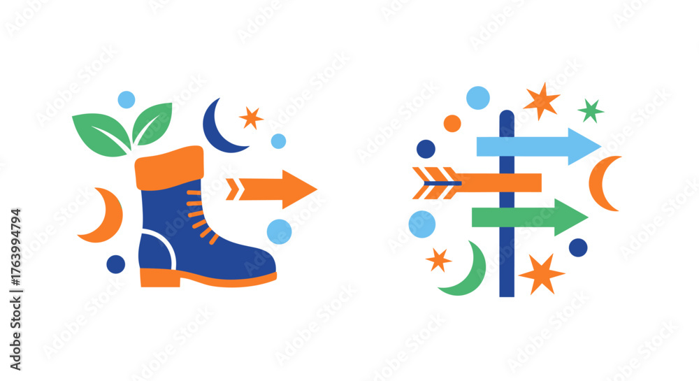 Naklejka premium Dynamic directional arrows and boot symbolize progress and journey, with celestial elements representing opportunity and growth