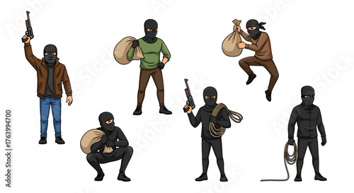 Masked criminals with bags and weapons pose dynamically, ready for action in a stylized illustration
