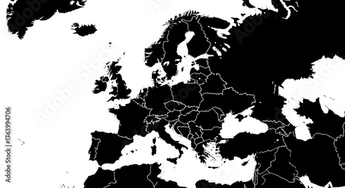 Striking black and white map of Europe highlighting country borders for global business, travel, and education planning