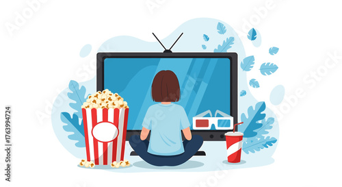 Immersive movie night experience with popcorn, 3D glasses, and a refreshing drink, capturing cozy home entertainment moments.