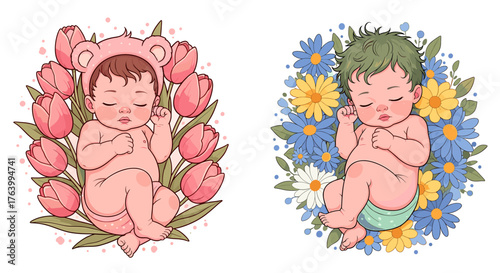 Precious sleeping babies surrounded by tulips and daisies create a heartwarming scene for nurseries or baby product designs celebrating fresh starts