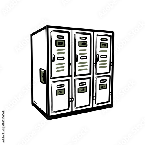 Six-door locker with numbered compartments in simple design  