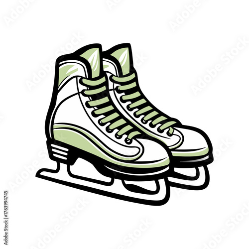 Ice skates in green and white design with laces and blades  