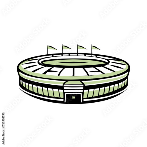 Illustration of a stadium with four flags on a white background  
