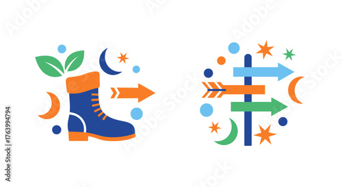 Dynamic directional arrows and boot symbolize progress and journey, with celestial elements representing opportunity and growth