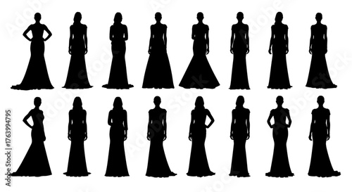 Elegant silhouettes of women in stunning formal gowns showcase diverse fashion for glamorous events and red carpet moments.