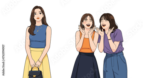Three stylish young women friends sharing laughter and excitement in a bright, modern setting, capturing joy and connection