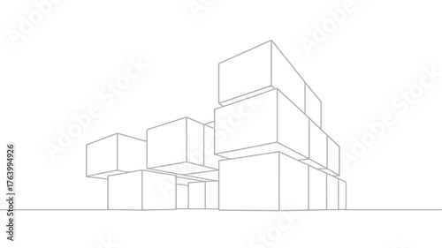 Minimalist architectural sketch of a modern building with stacked geometric volumes and clean lines