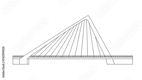 Architectural drawing of a modern cable stayed bridge design with a distinctive triangular pylon structure and intricate cable network