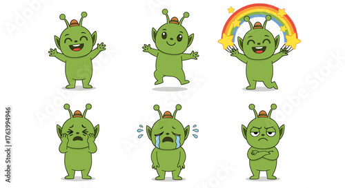 Adorable green alien characters express a range of emotions from joy to sadness and anger, perfect for fun designs.