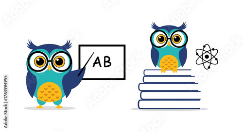 Wise owl educator teaching alphabet and science concepts with books and atomic symbol, inspiring young learners towards knowledge and discovery