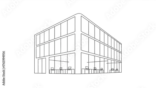 Architectural sketch of a modern glass fronted office building with visible interior desks and chairs rendered in clean linework