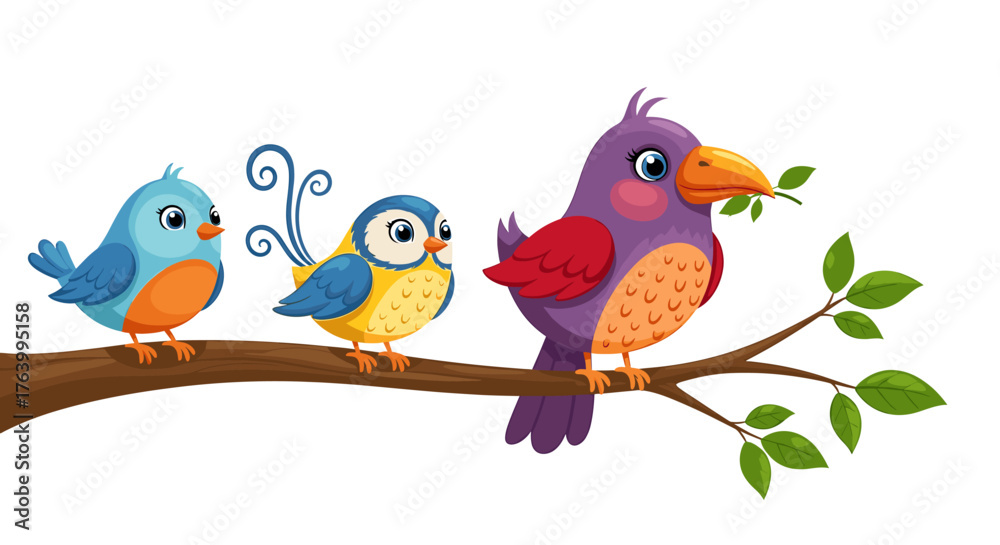 Obraz premium Three charming cartoon birds perched on a branch, with the largest carrying a leafy twig in its beak, perfect for whimsical projects.