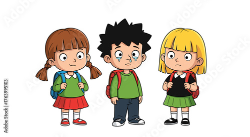 Three diverse children with backpacks express contrasting emotions, from joy to sadness, ready for school adventures and learning experiences.