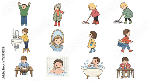 Children engaging in daily routines, learning, and play, capturing childhood innocence and development with vibrant illustrations