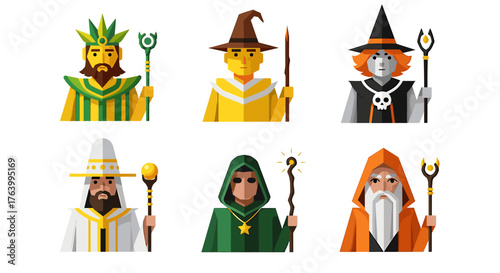 Enchanting collection of diverse wizards and magical characters with staffs, perfect for fantasy game design, storybook illustrations, or mystical branding projects.