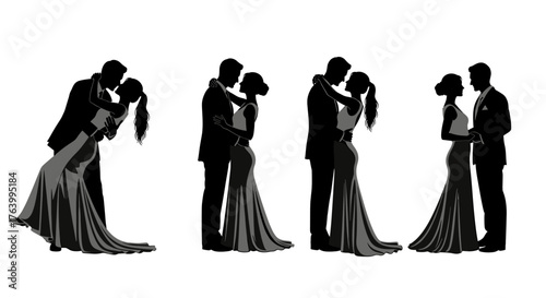 Elegant couples embrace in romantic dance silhouettes, capturing timeless love and celebration moments for special occasions.