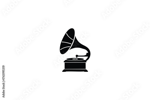 A simple black silhouette illustration depicting a vintage gramophone player