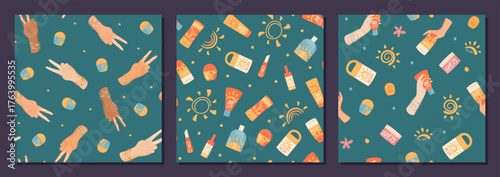 Flat seamless pattern with sunscreen bottle, sunblock tube and SPF lotion in repeated shapes. Hold cosmetic container, sun cream and sun care product for summer, pattern background, seamless
