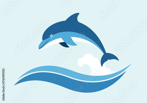Cartoon Dolphin Leaping Over Blue Waves with Starry Eye.