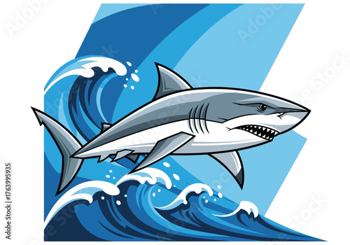 Cartoon Great White Shark Leaping from Ocean Waves.