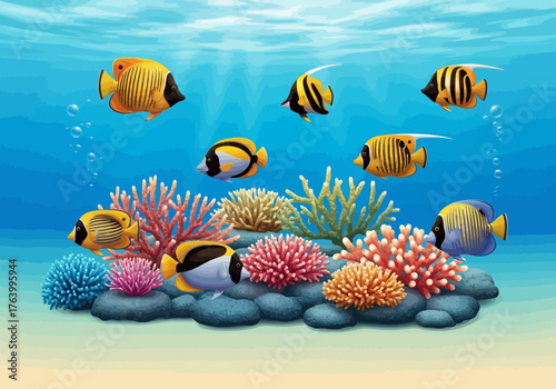 Colorful Reef Fish and Coral Reef Ecosystem Illustration.