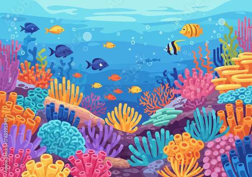 Colorful Coral Reef Ecosystem with Fish in Blue Ocean Waters.