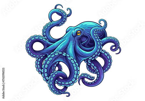 Vibrant Blue Octopus Illustration with Curled Tentacles and Yellow Eye.