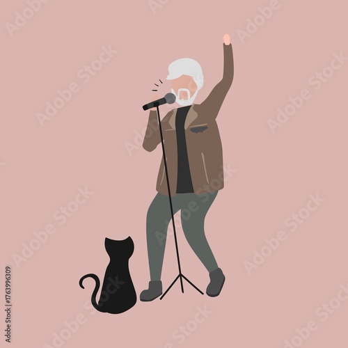 singer with cat, brown jacket, pink background clip art preview