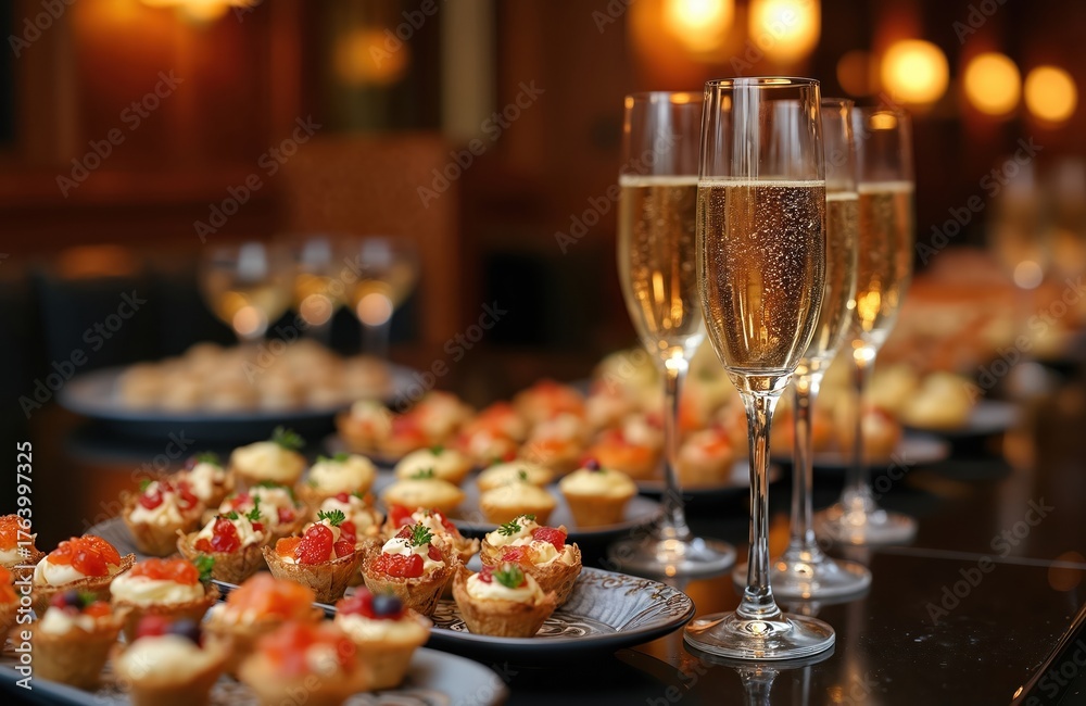 Fototapeta premium Elegant banquet table setting featuring canapes and champagne flutes, perfect for upscale gatherings and celebrations. Delicious appetizers and sparkling wine create festive atmosphere for any event.