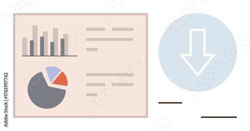 Bar chart, pie chart, and text fields arranged on a dashboard interface next to a downward arrow. Ideal for analytics, data sharing, business strategy, technology, communication, productivity simple