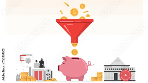 Conceptual illustration of money flowing through a funnel into a piggy bank symbolizing savings and financial growth
