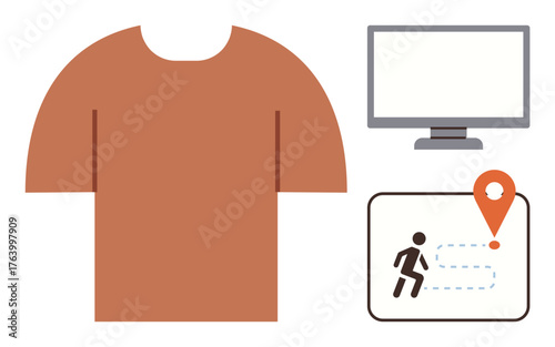 Brown T-shirt alongside a flat monitor and fitness tracker design showing a runner and destination pin with a path. Ideal for fitness, tracking, outdoor activity, technology, sportswear, health apps